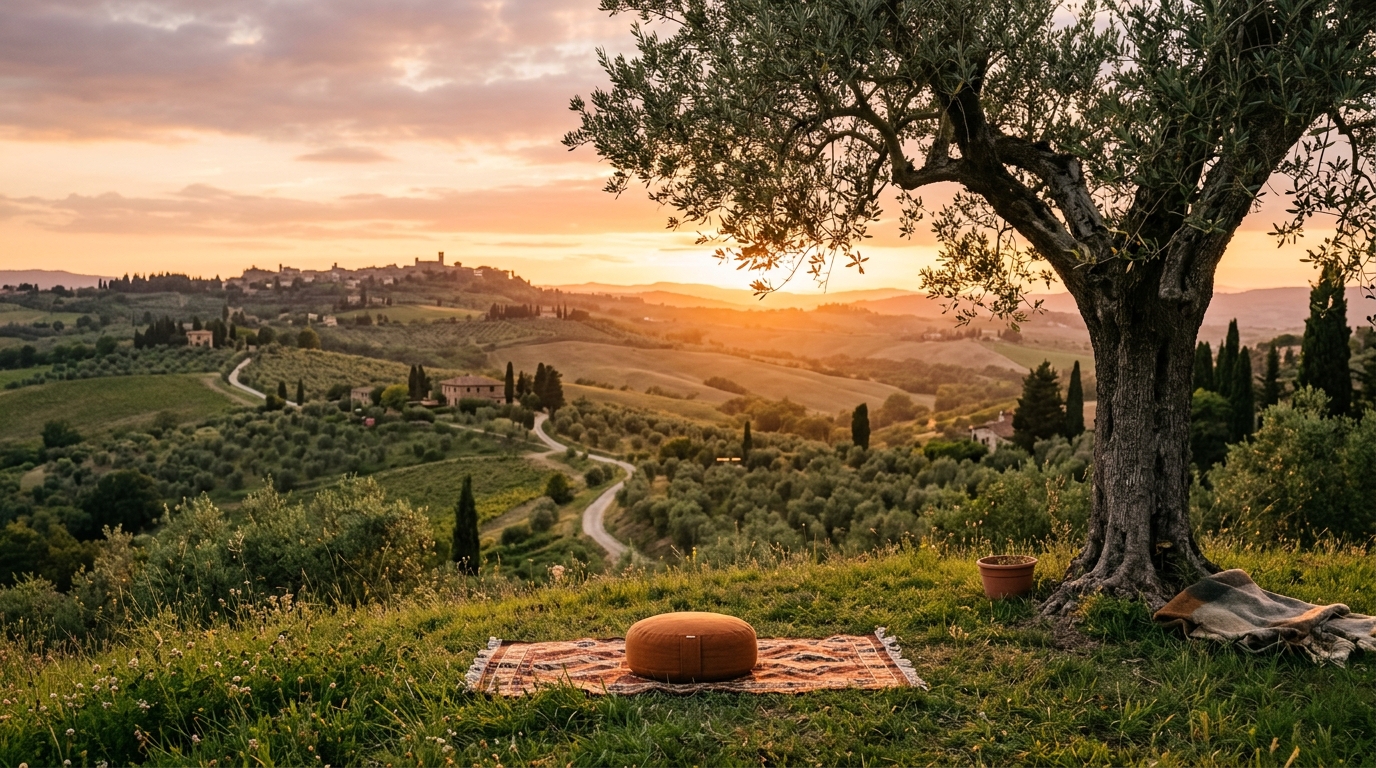 Paesaggio toscano con atmosfera serena e meditativa